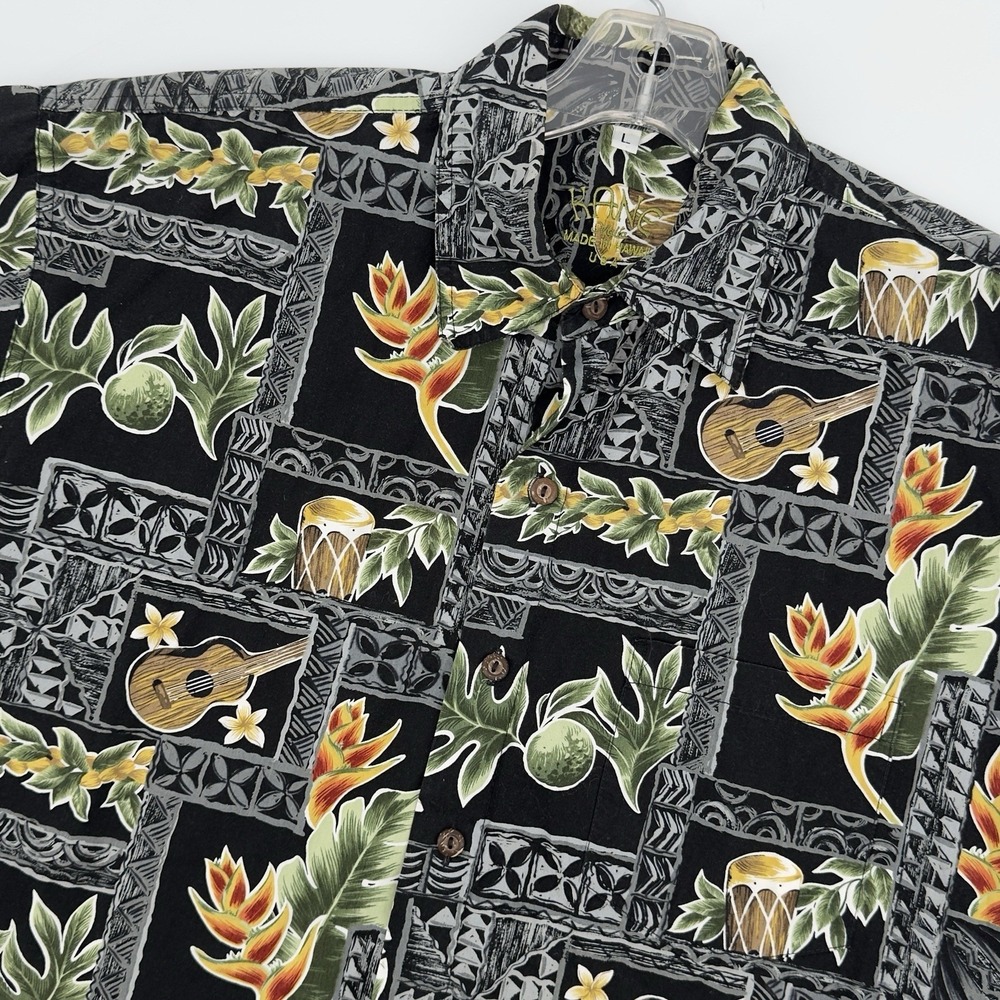 Vintage Kane Malia Hawaiian Shirt Mens L Black Aloha Tropical Ukulele Tiki USA